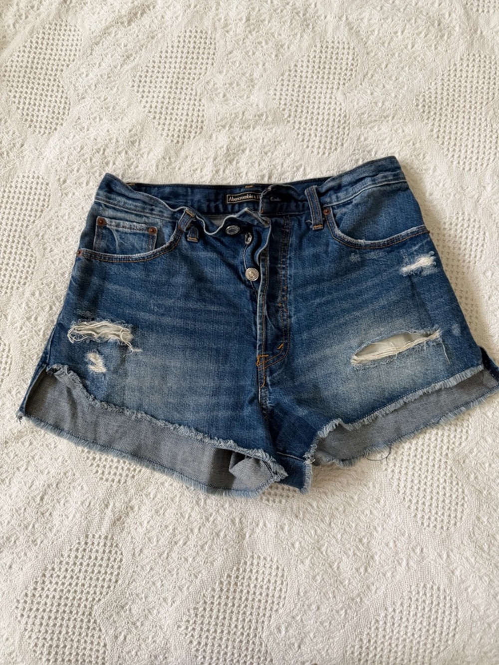 Abercrombie & Fitch Distressed High-Rise Denim Shorts - Blue